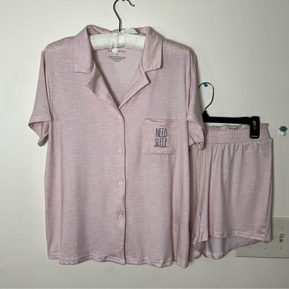 RAE DUNN. M Heather Pink White Notch Collar Short Sleeve Button Top Shorts PJ